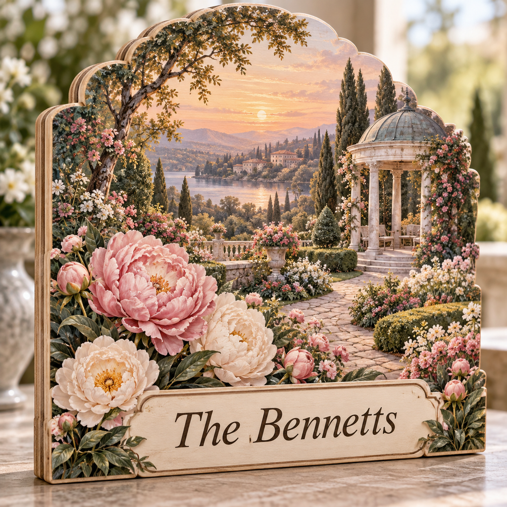 Peony Garden Marble Gazebo Personalized Wooden Block; example personalization The Bennetts