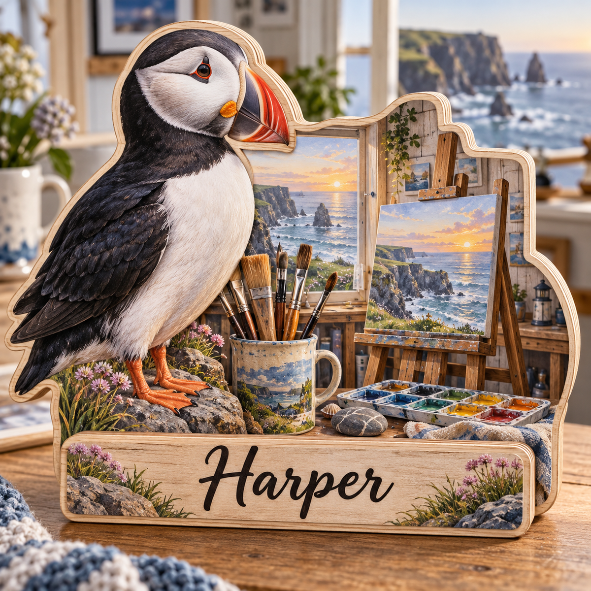 Puffin Coastal Art Studio Personalized Wooden Block; example personalization Harper