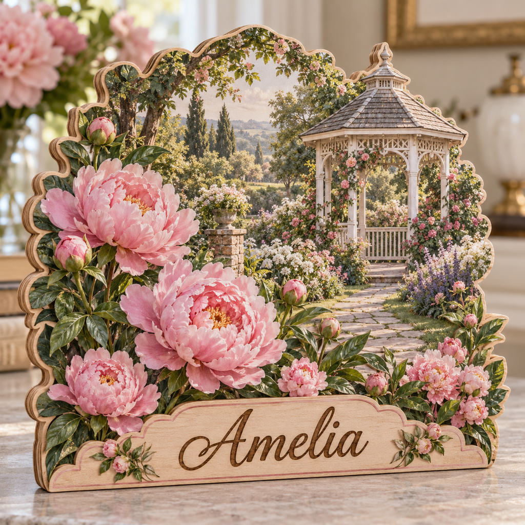Peony Garden Gazebo Personalized Wooden Block; example personalization Amelia
