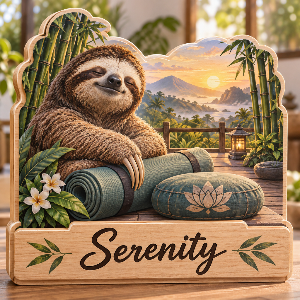Sloth Yoga Garden Sanctuary Personalized Wooden Block; example personalization Serenity