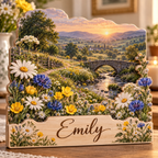 Wildflower Meadow Stone Bridge Personalized Wooden Block; example personalization Emily