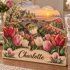 Tulip Garden Canal Bridge Personalized Wooden Block; example personalization Charlotte