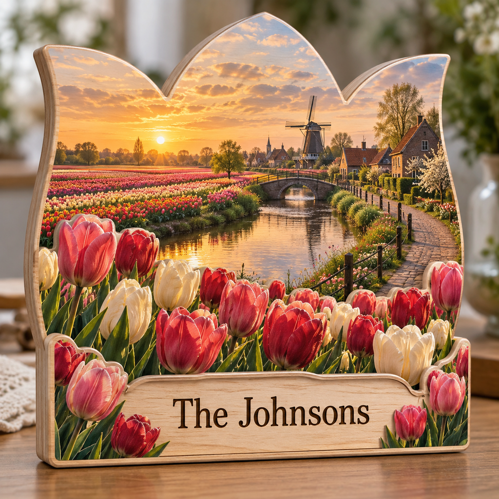 Tulip Canal Windmill Lane Personalized Wooden Block; example personalization The Johnsons