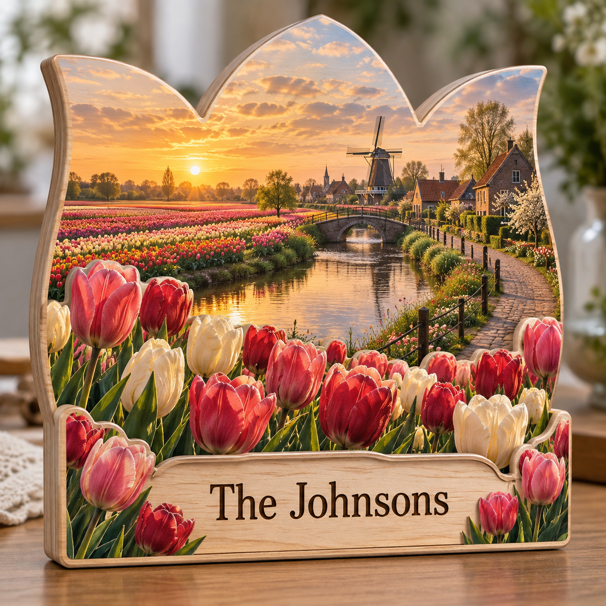 Tulip Canal Windmill Lane Personalized Wooden Block; example personalization The Johnsons