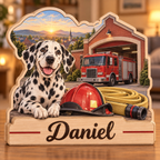 Dalmatian Firehouse Keepsake Personalized Wooden Block; example personalization Daniel