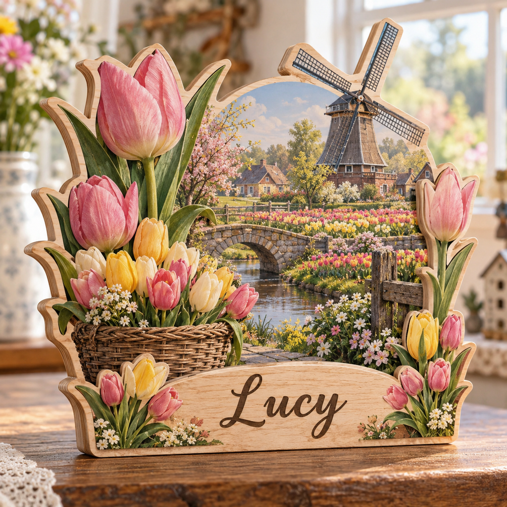 Tulip Windmill Garden Personalized Wooden Block; example personalization Lucy