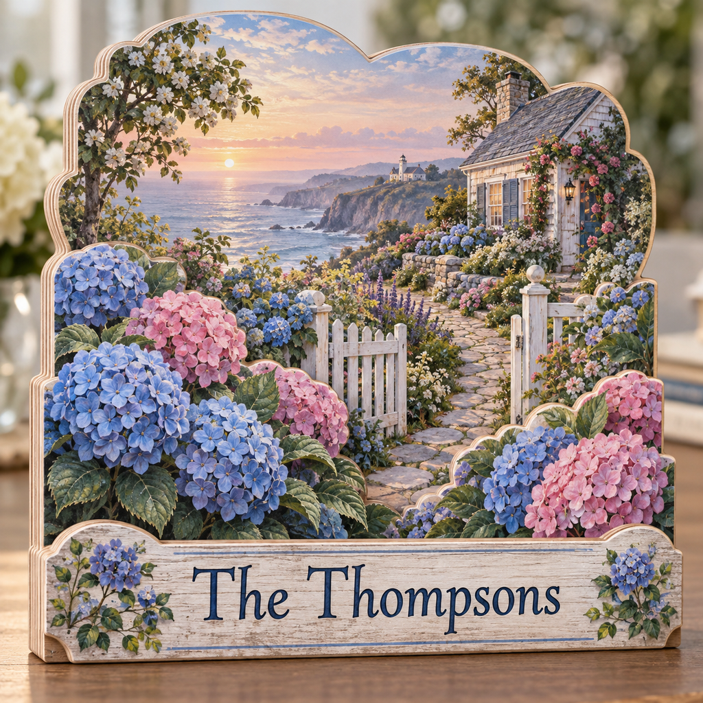 Hydrangea Coastal Garden Gate Personalized Wooden Block; example personalization The Thompsons