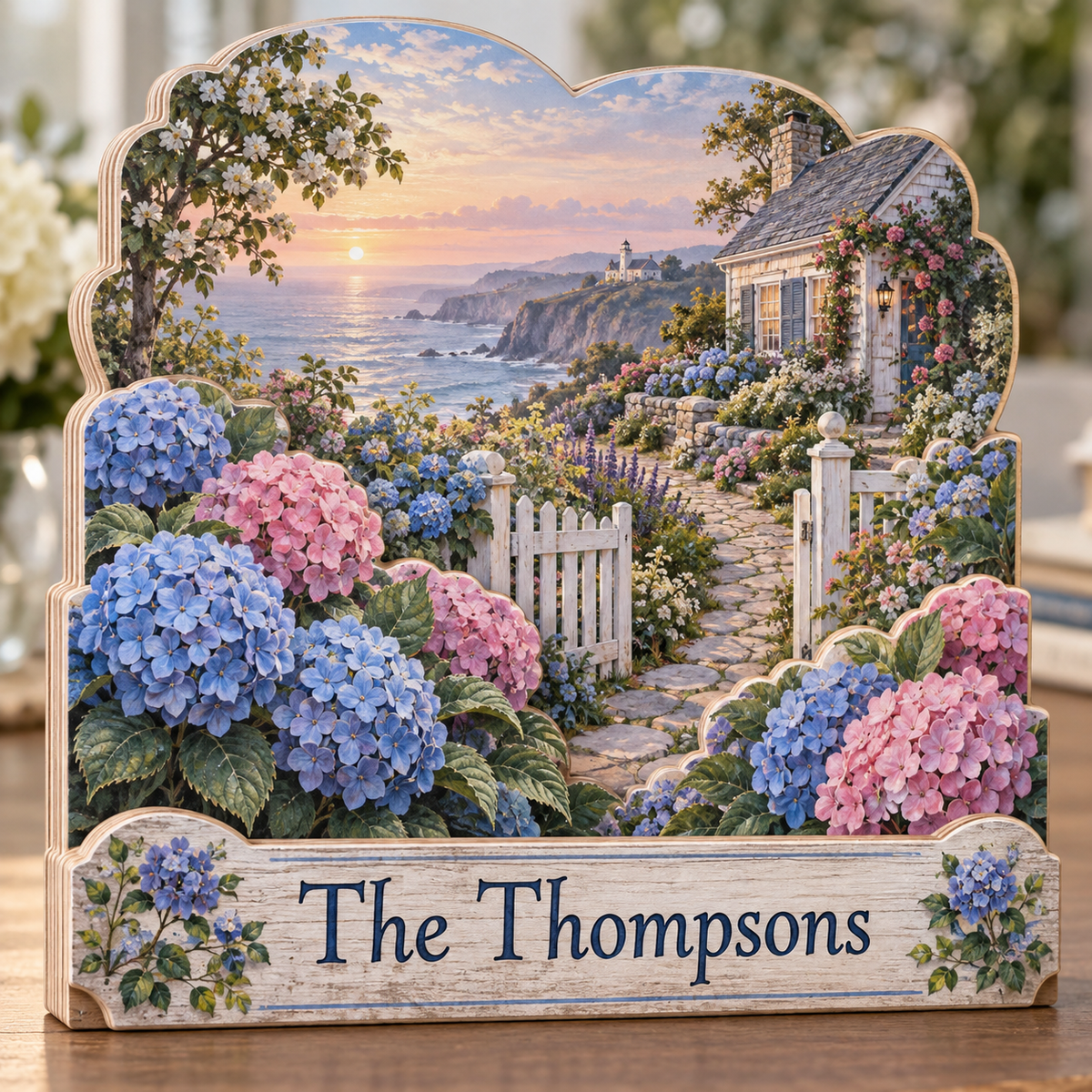 Hydrangea Coastal Garden Gate Personalized Wooden Block; example personalization The Thompsons
