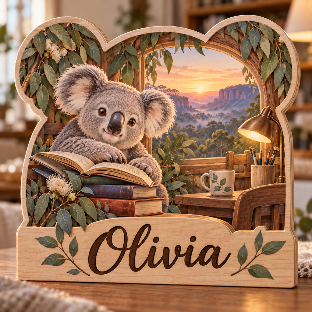 Koala Eucalyptus Reading Nook Personalized Wooden Block; example personalization Olivia
