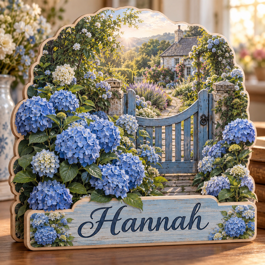 Hydrangea Garden Blue Gate Personalized Wooden Block; example personalization Hannah