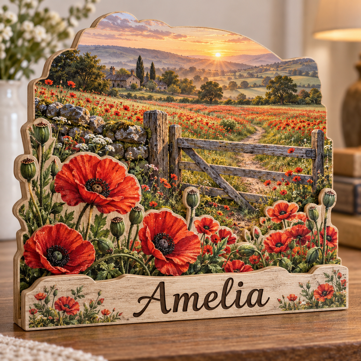Poppy Meadow Country Gate Personalized Wooden Block; example personalization Amelia