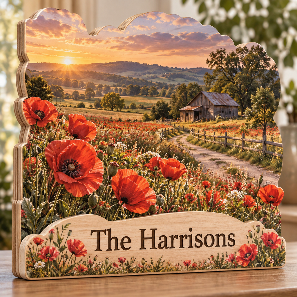 Poppy Meadow Rustic Barn Trail Personalized Wooden Block; example personalization The Harrisons