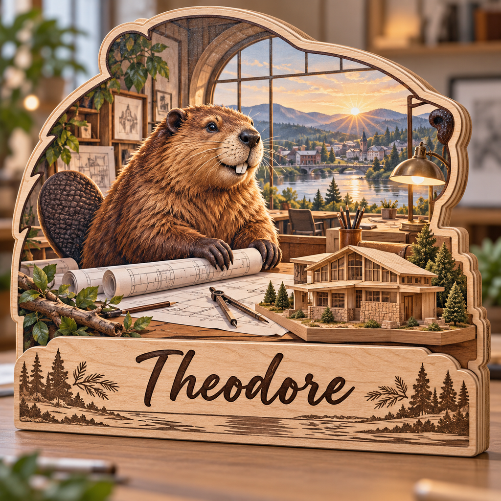 Beaver Architecture Studio Personalized Wooden Block; example personalization Theodore