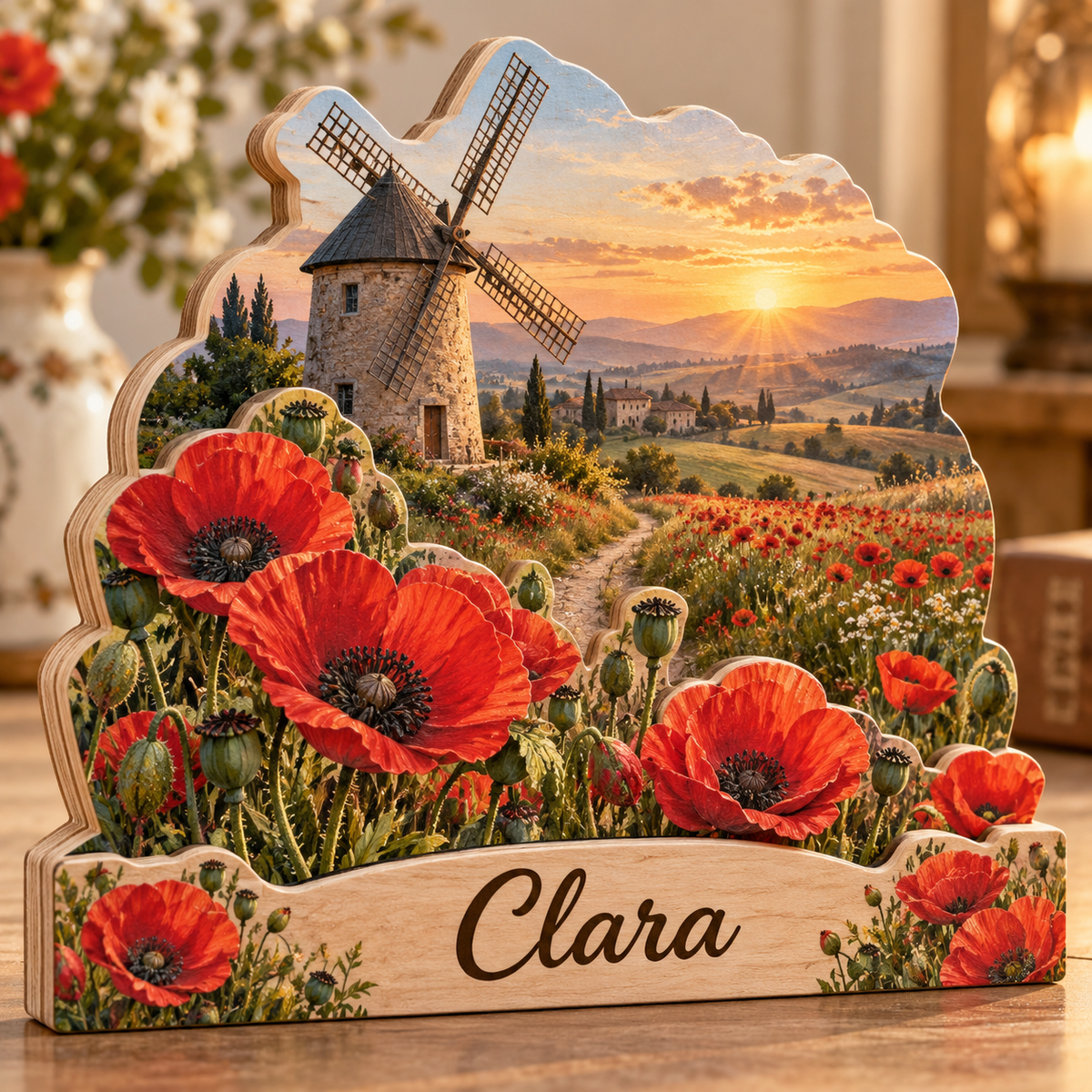 Poppy Meadow Country Windmill Personalized Wooden Block; example personalization Clara