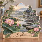 Lotus Pond Stone Pavilion Personalized Wooden Block; example personalization Sophia
