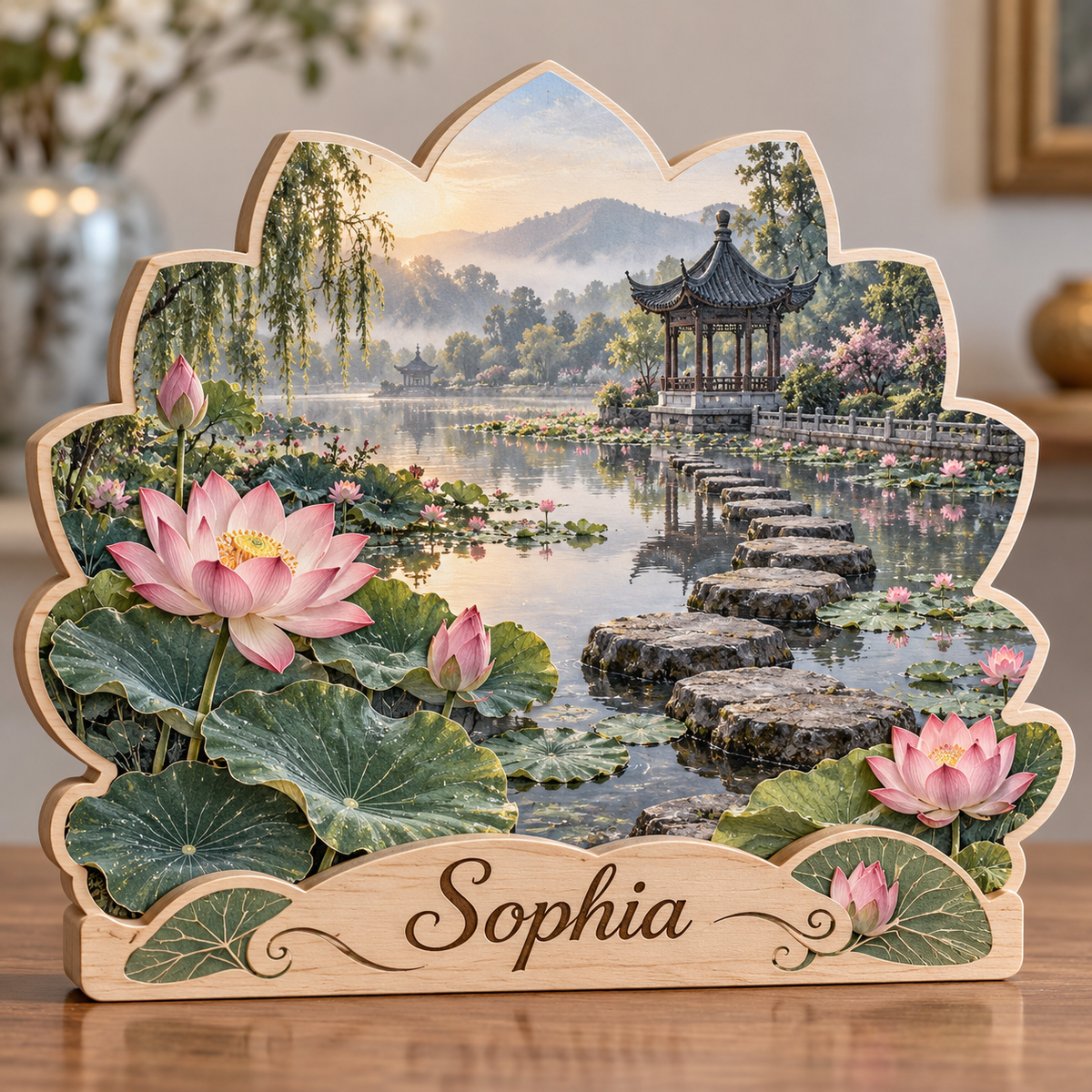 Lotus Pond Stone Pavilion Personalized Wooden Block; example personalization Sophia