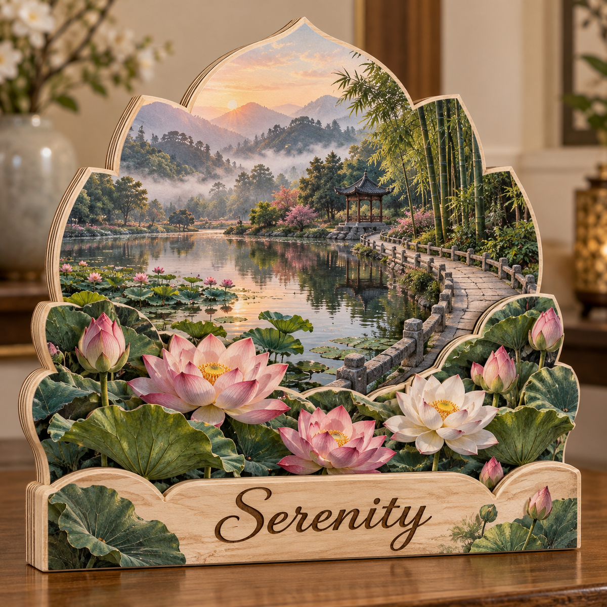 Lotus Pond Bamboo Pavilion Personalized Wooden Block; example personalization Serenity
