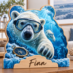 Polar Bear Arctic Dive Personalized Wooden Block; example personalization Finn