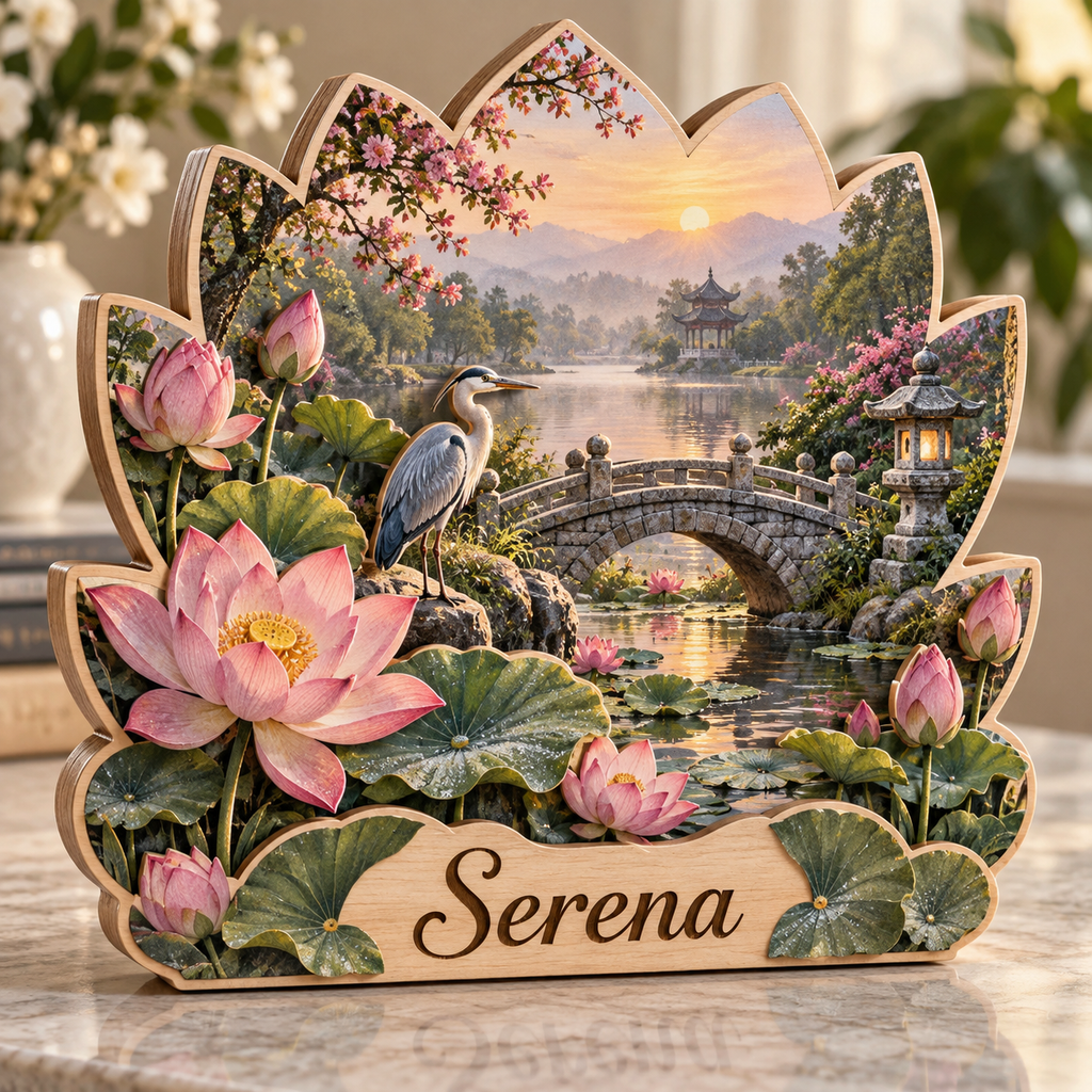Lotus Pond Stone Bridge Personalized Wooden Block; example personalization Serena