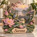 Lotus Pond Stone Bridge Personalized Wooden Block; example personalization Serena