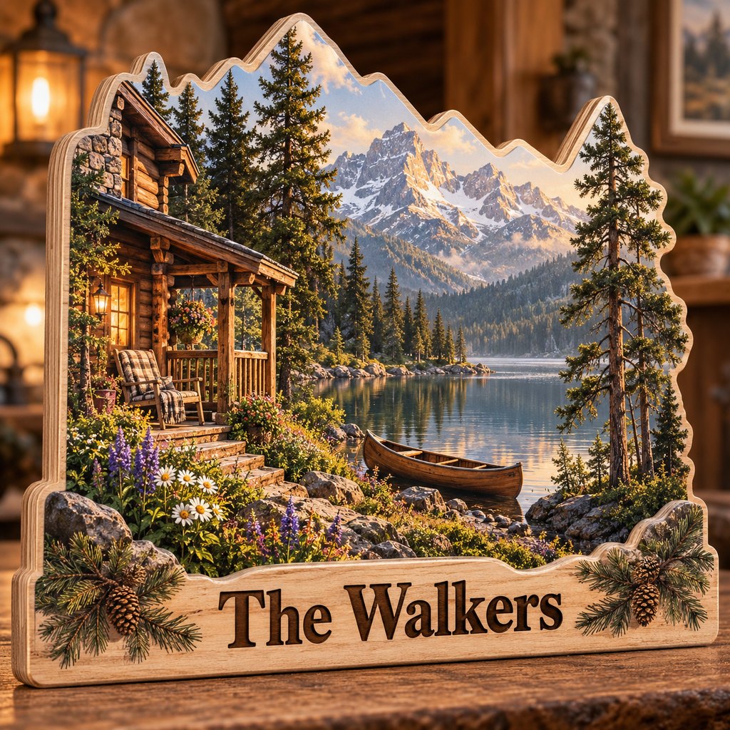 Mountain Cabin Pine Lake Personalized Wooden Block; example personalization The Walkers
