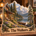 Mountain Cabin Pine Lake Personalized Wooden Block; example personalization The Walkers