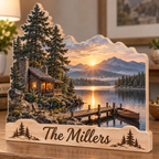 Lakeside Cabin Pine Dock Personalized Wooden Block; example personalization The Millers