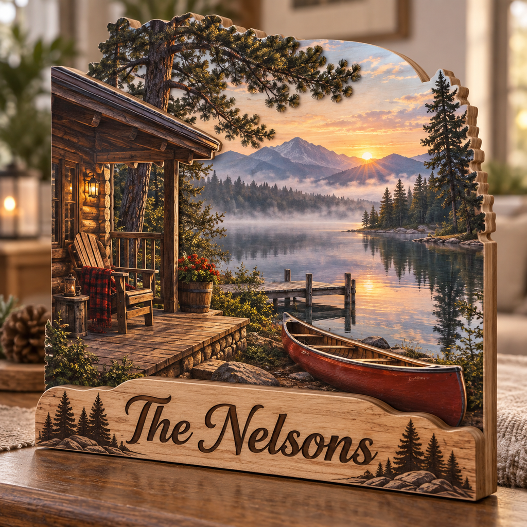 Lakeside Cabin Canoe Cove Personalized Wooden Block; example personalization The Nelsons