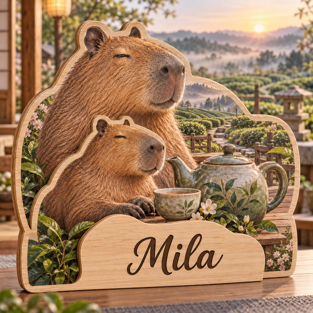 Capybara Tea Garden Personalized Wooden Block; example personalization Mila