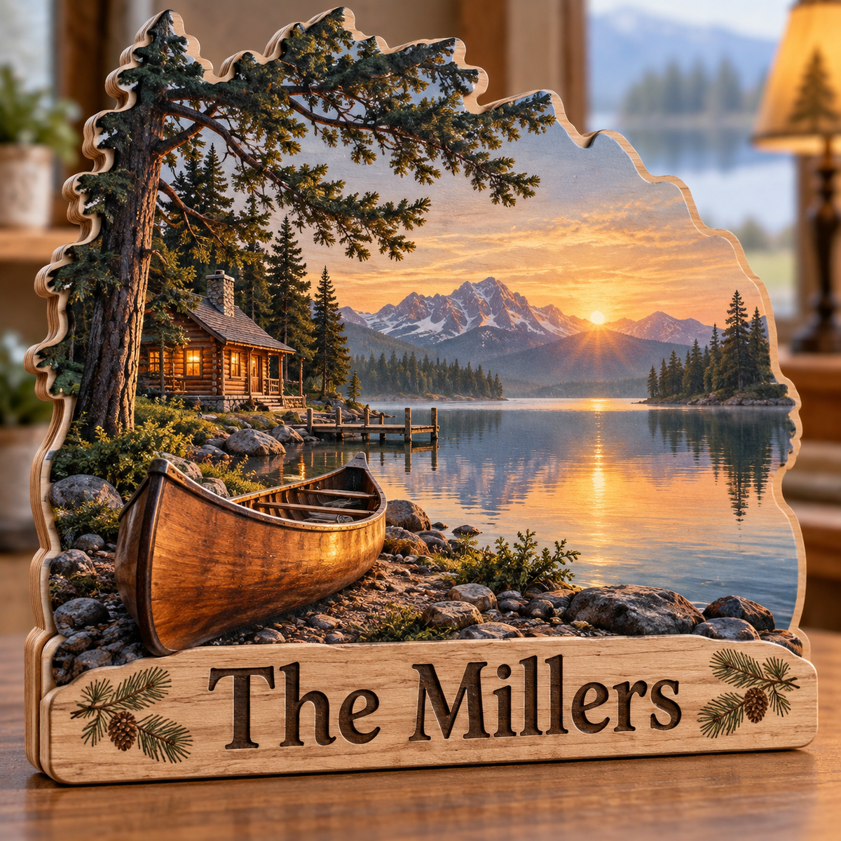 Lakeside Cabin Canoe Retreat Personalized Wooden Block; example personalization The Millers