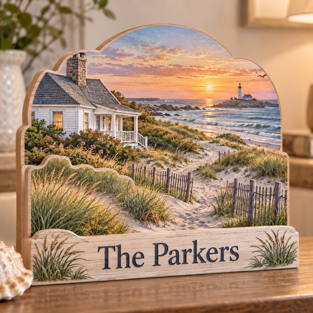 Coastal Cottage Dune Path Personalized Wooden Block; example personalization The Parkers