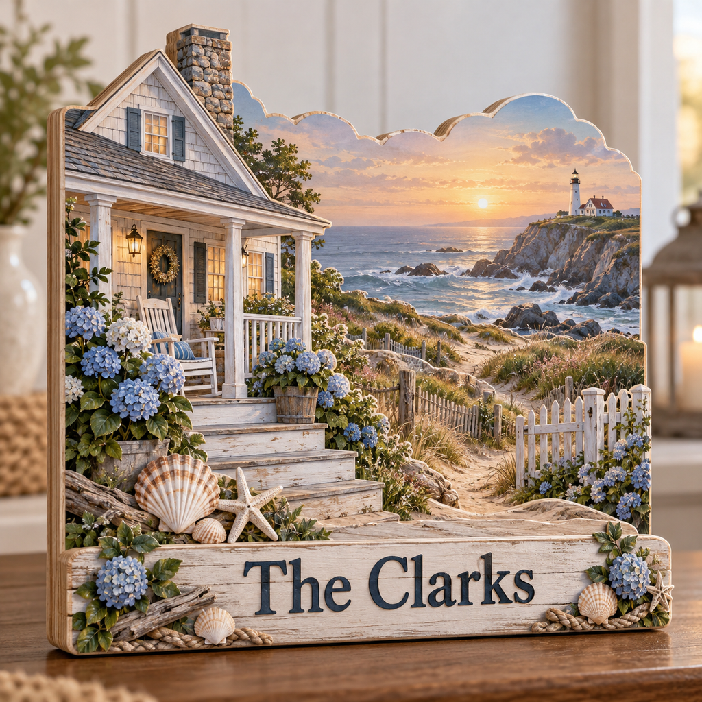 Coastal Cottage Seashell Bluff Personalized Wooden Block; example personalization The Clarks