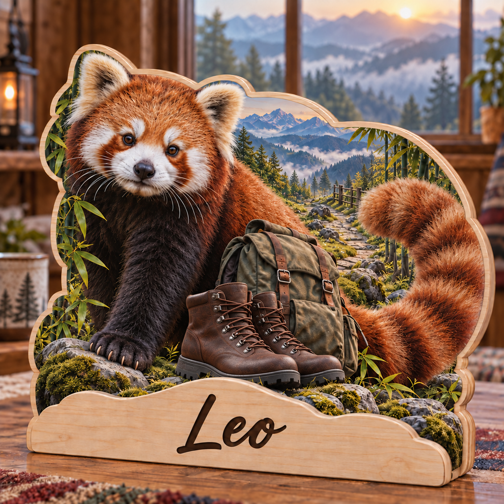 Red Panda Mountain Trail Personalized Wooden Block; example personalization Leo