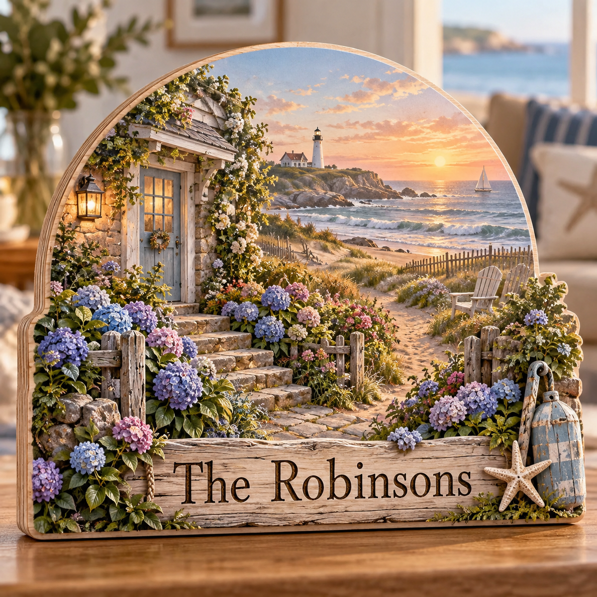 Coastal Cottage Retreat Personalized Wooden Block; example personalization The Robinsons