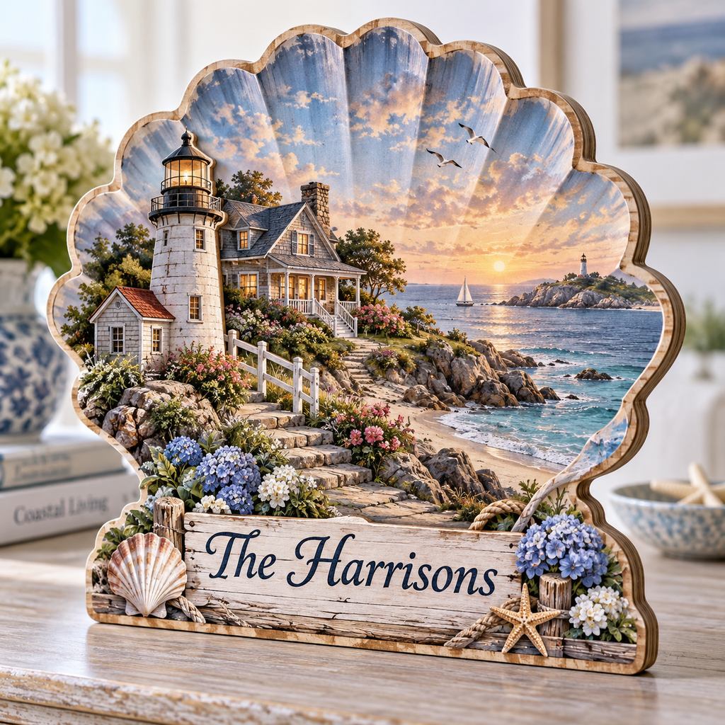 Seashell Cottage Cove Personalized Wooden Block; example personalization The Harrisons