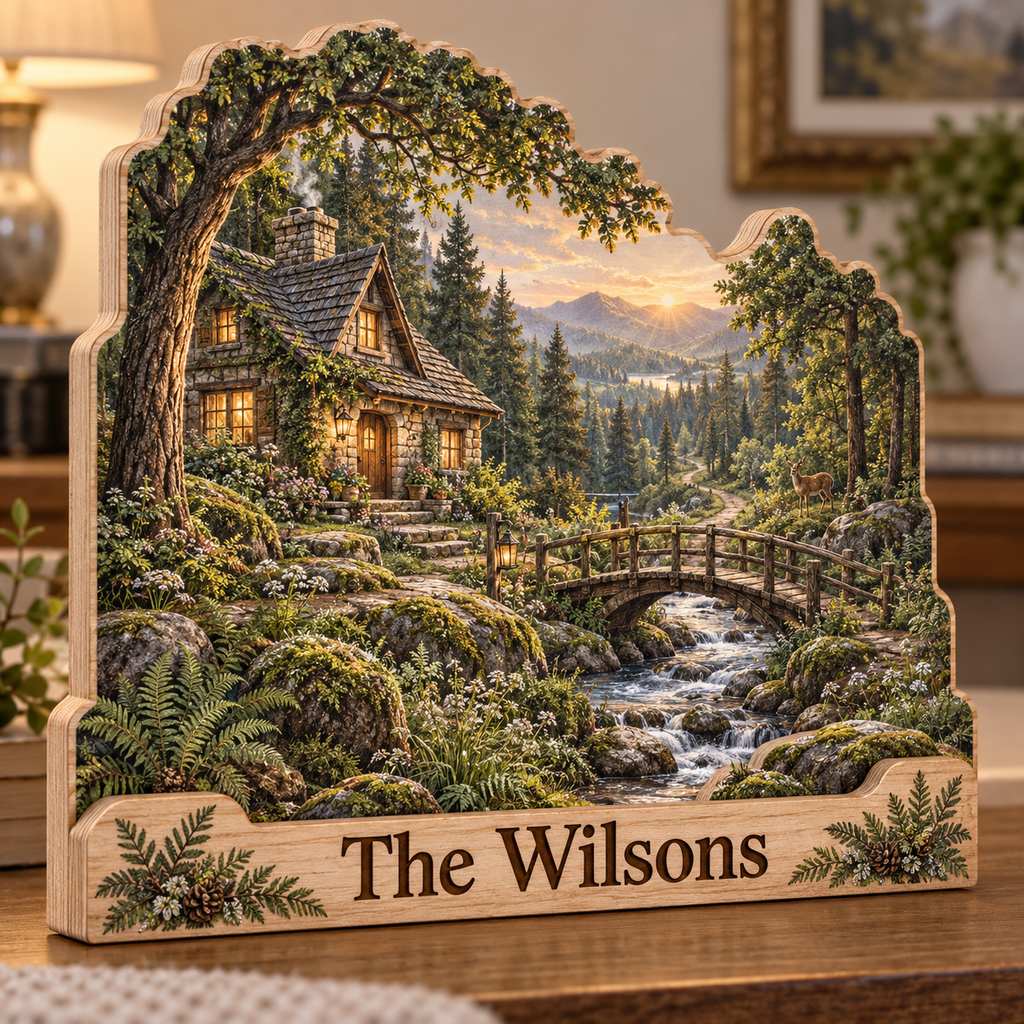 Forest Cottage Moss Creek Personalized Wooden Block; example personalization The Wilsons