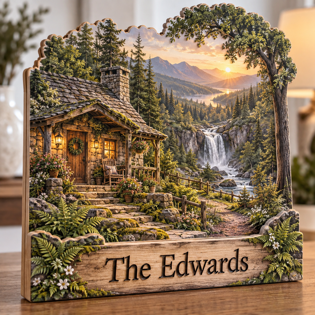 Forest Cottage Fern Waterfall Path Personalized Wooden Block; example personalization The Edwards