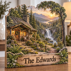 Forest Cottage Fern Waterfall Path Personalized Wooden Block; example personalization The Edwards