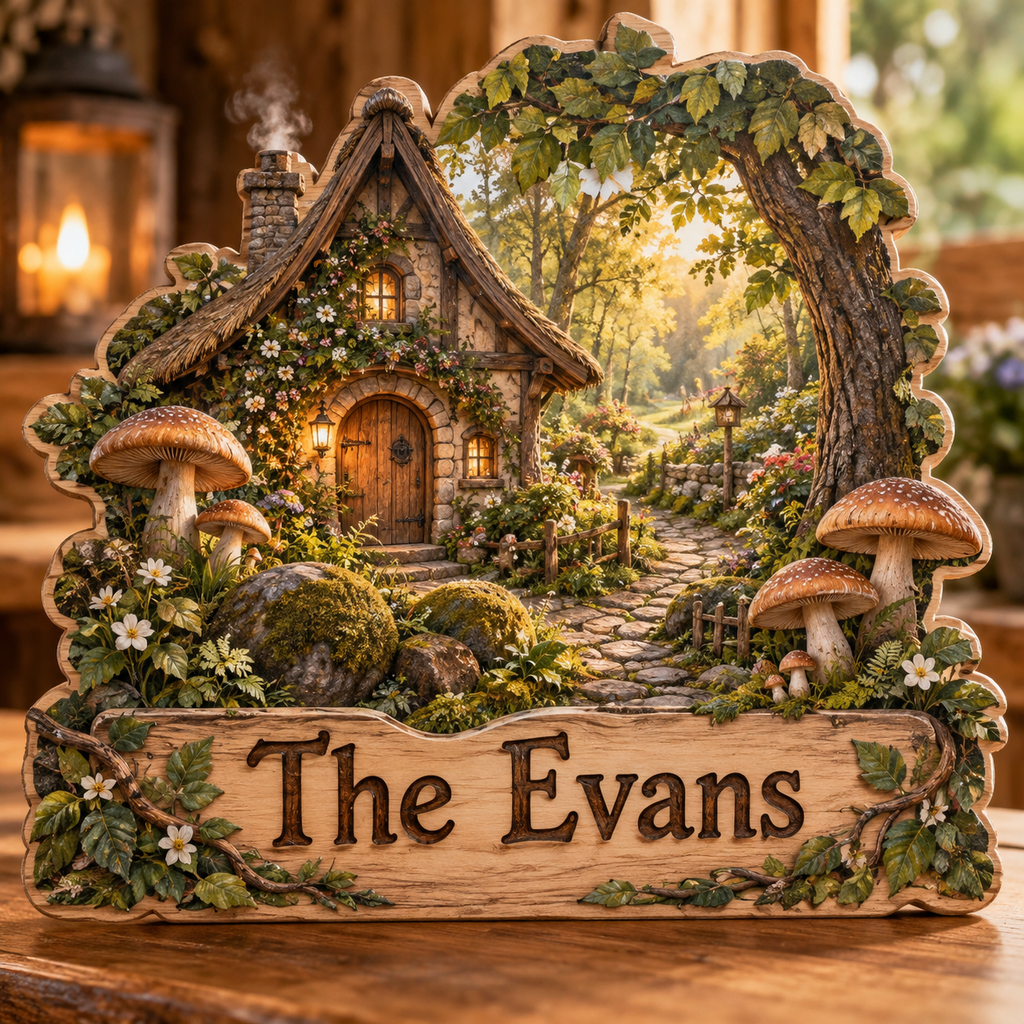 Forest Cottage Mushroom Path Personalized Wooden Block; example personalization The Evans
