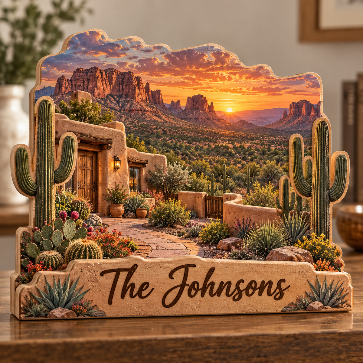 Desert Home Cactus Canyon Personalized Wooden Block; example personalization The Johnsons