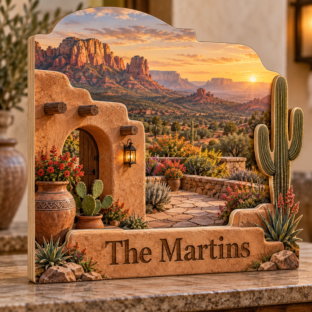 Desert Home Cactus Canyon Courtyard Personalized Wooden Block; example personalization The Martins