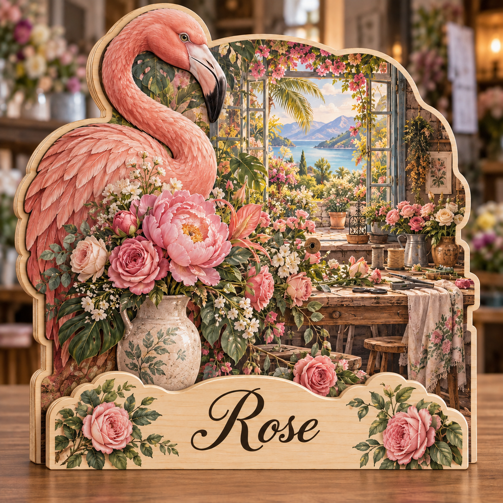 Flamingo Flower Atelier Personalized Wooden Block; example personalization Rose