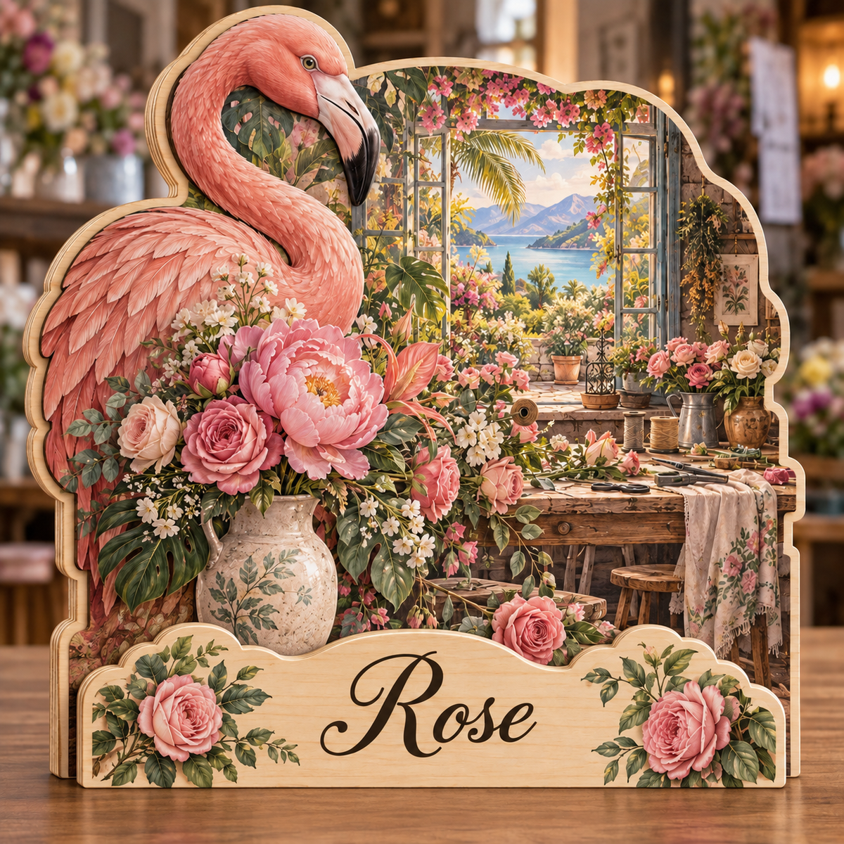 Flamingo Flower Atelier Personalized Wooden Block; example personalization Rose