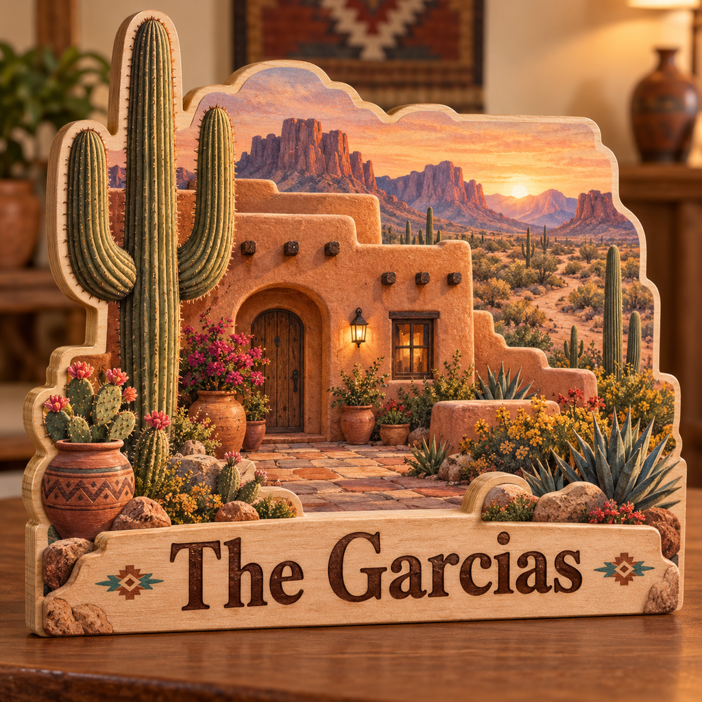 Desert Adobe Courtyard Personalized Wooden Block; example personalization The Garcias