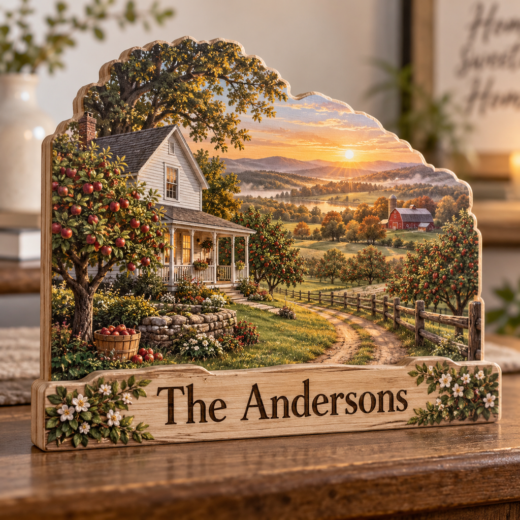 Farmhouse Orchard Lane Personalized Wooden Block; example personalization The Andersons