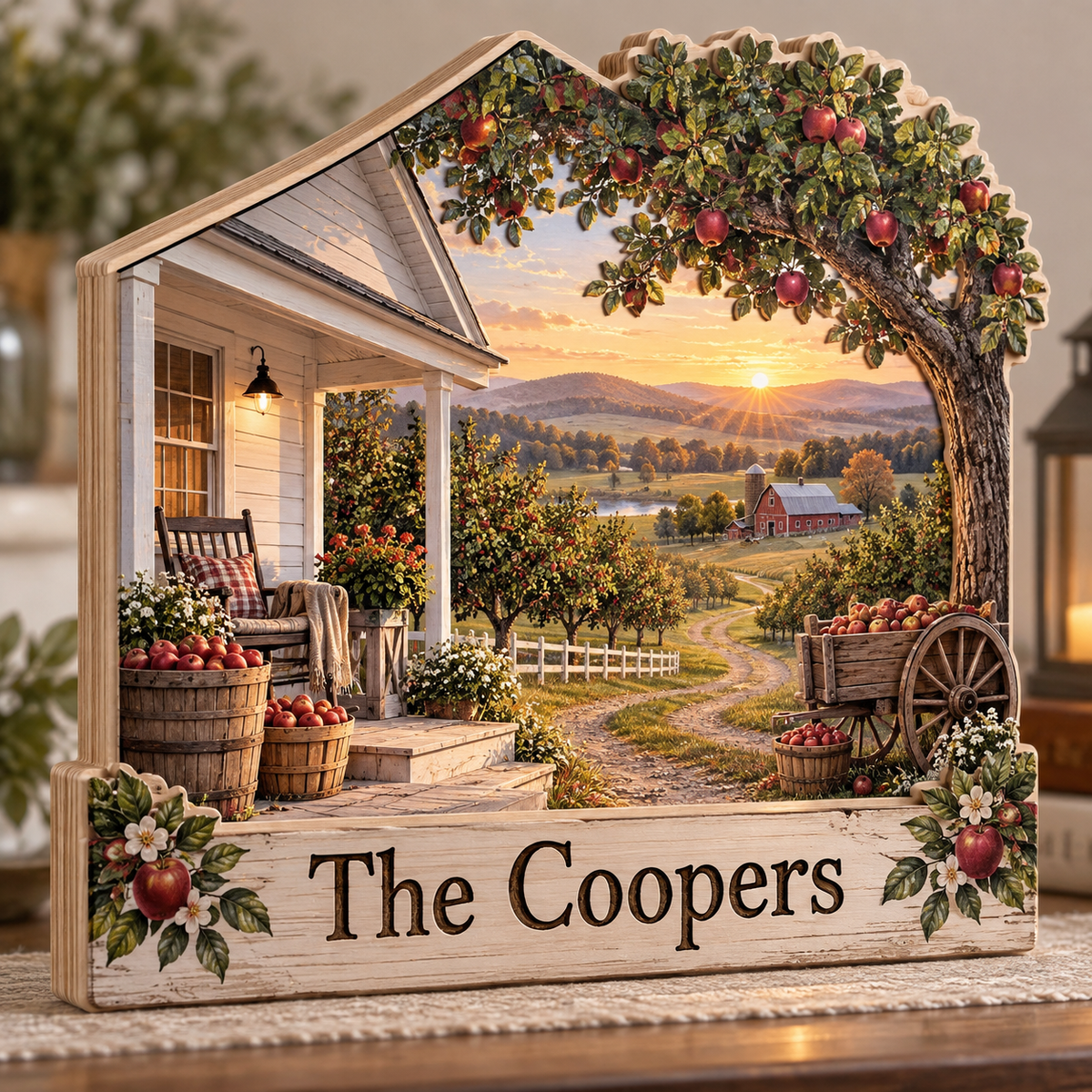 Farmhouse Apple Orchard Wagon Personalized Wooden Block; example personalization The Coopers