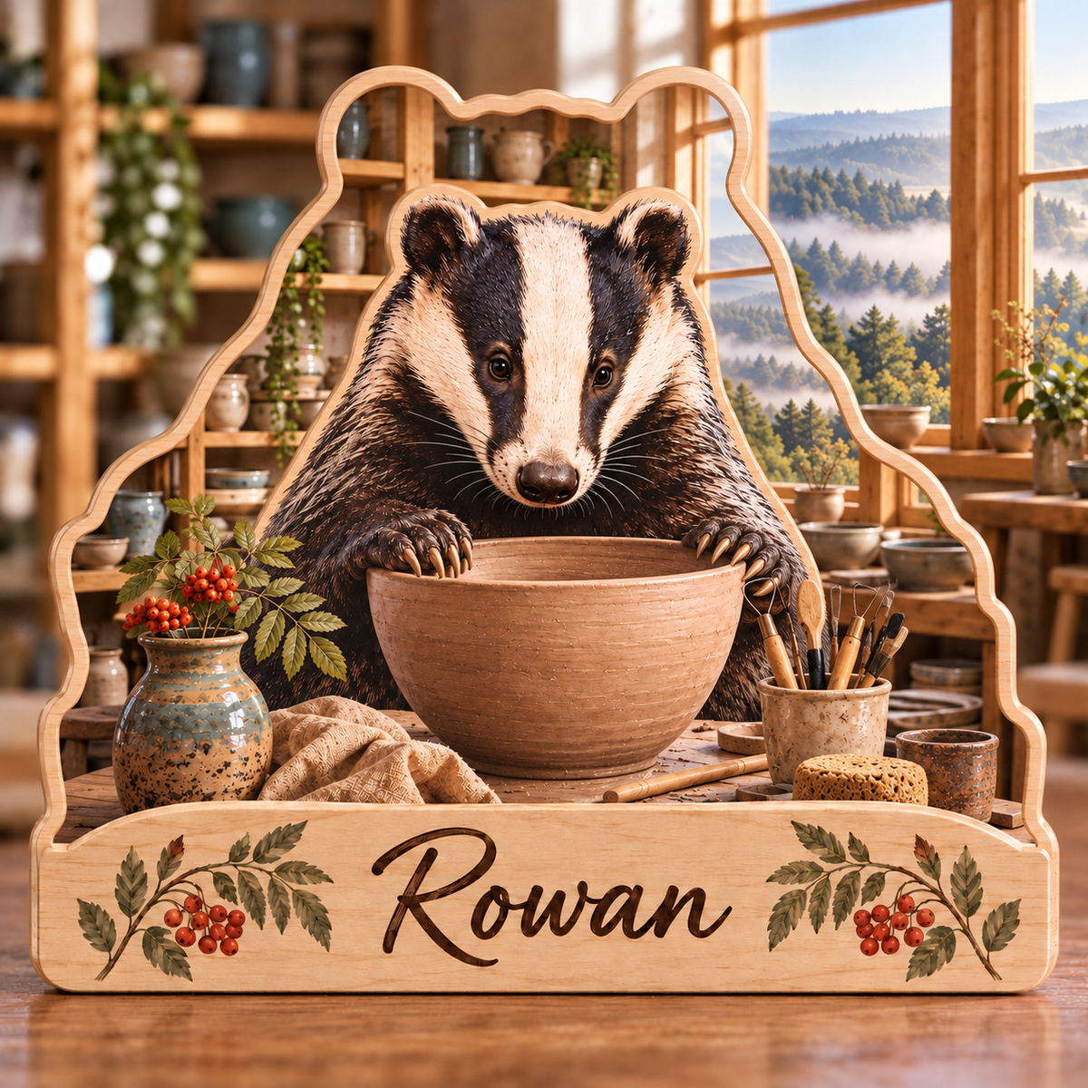 Badger Pottery Studio Personalized Wooden Block; example personalization Rowan