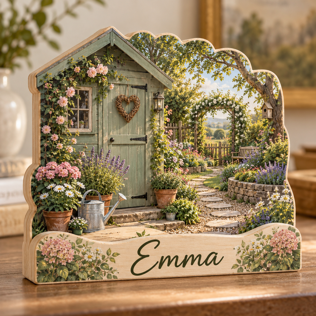 Garden Shed Flower Path Personalized Wooden Block; example personalization Emma