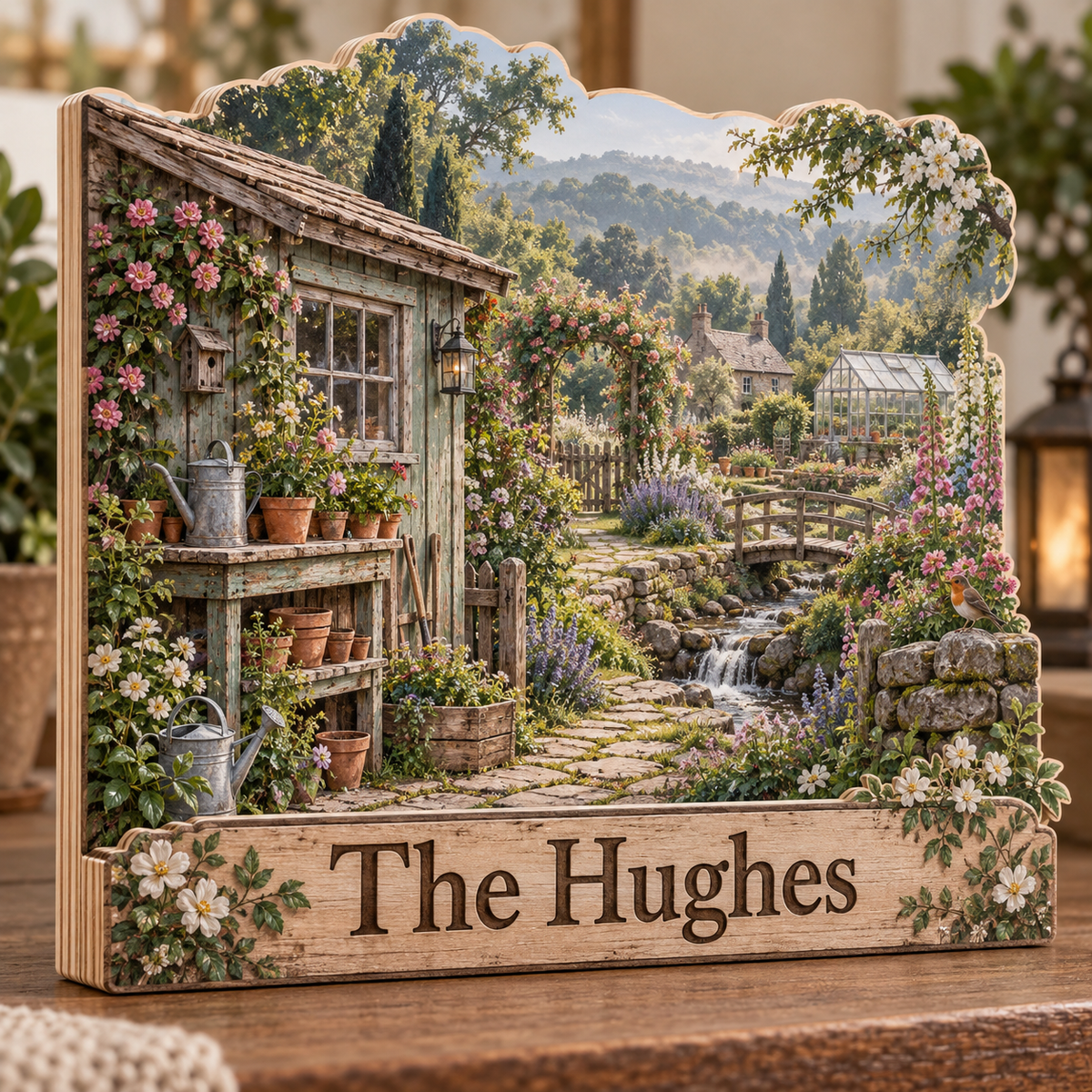 Garden Shed Potting Bench Brook Personalized Wooden Block; example personalization The Hughes