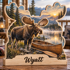 Moose Canoe Lake Personalized Wooden Block; example personalization Wyatt